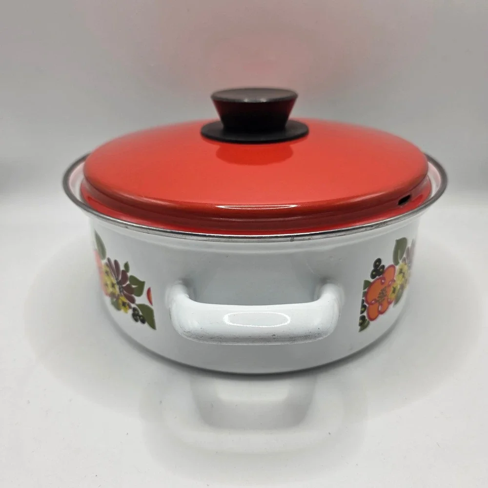 Austria Email Casserole Pot Vintage White Orange Floral Enamelware MCM Cookware